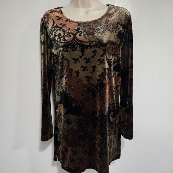 Coldwater Creek Size XS Brown Black‎ Velvet Tunic Top w/ 3/4 Bell Flare Sleeves - Picture 1 of 8